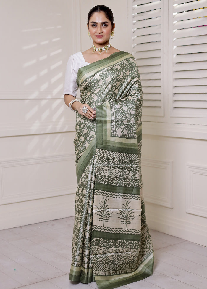 Green Tussar Silk Saree With Blouse Piece