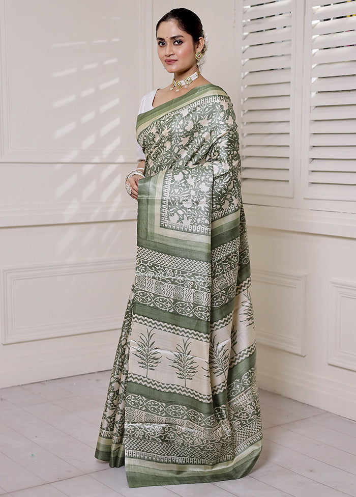 Green Tussar Silk Saree With Blouse Piece