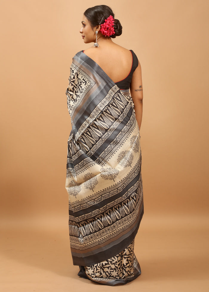 Grey Handloom Tussar Pure Silk Saree With Blouse Piece