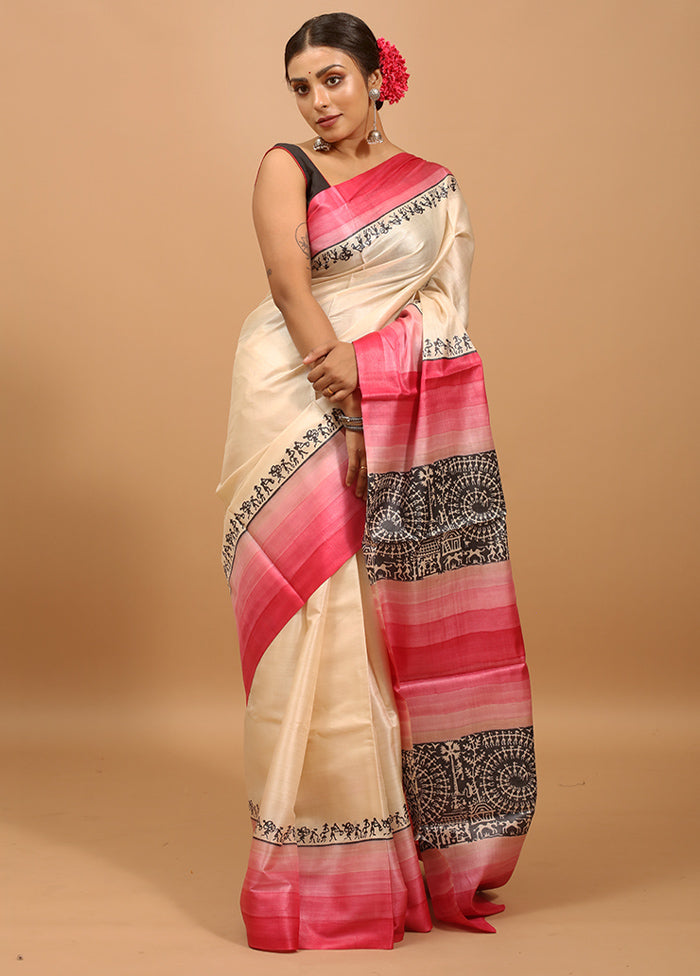 Pink Handloom Tussar Pure Silk Saree With Blouse Piece