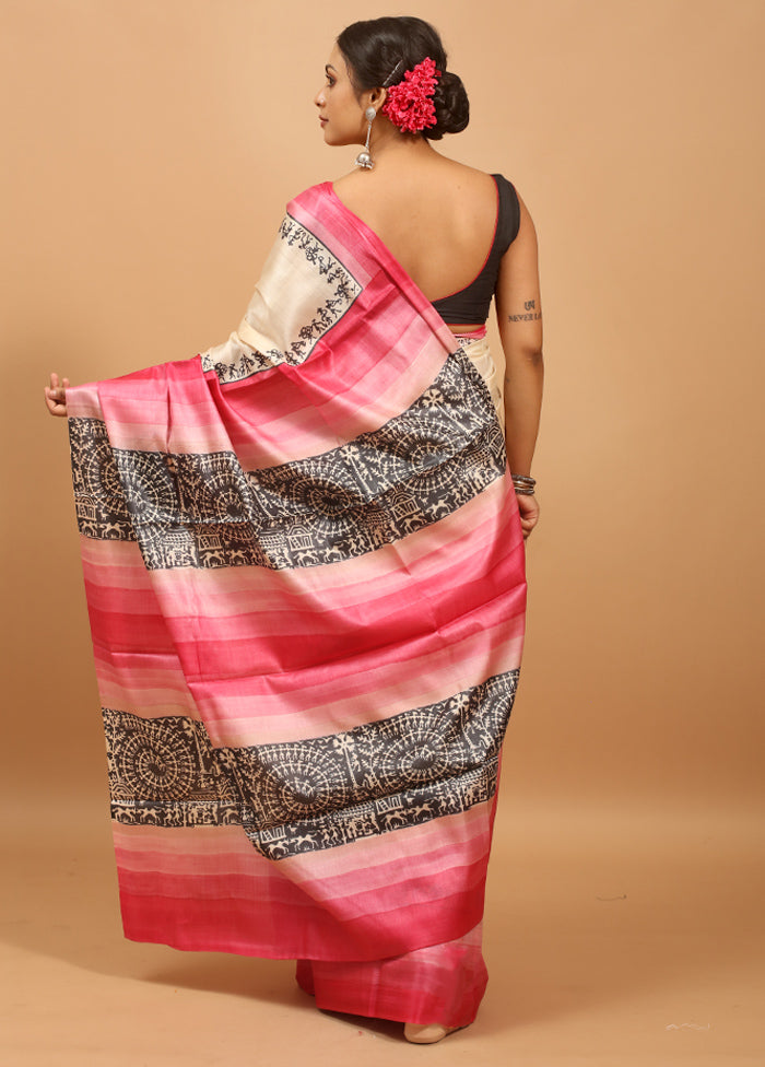 Pink Handloom Tussar Pure Silk Saree With Blouse Piece