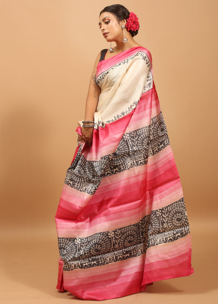 Pink Handloom Tussar Pure Silk Saree With Blouse Piece