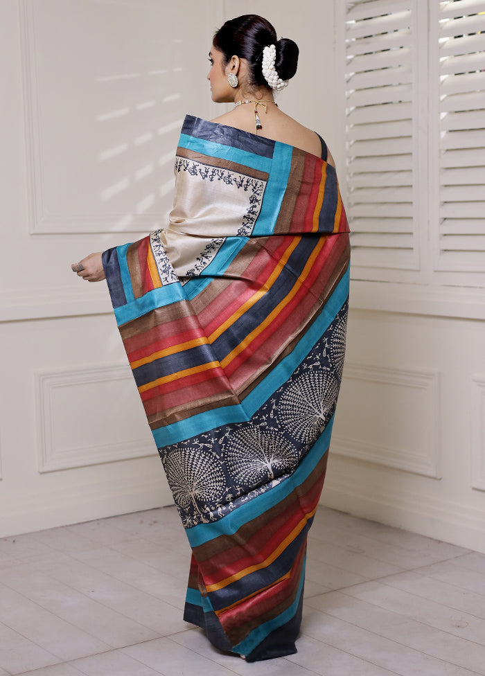 Cream Tussar Silk Saree With Blouse Piece