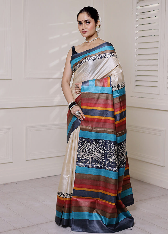 Cream Tussar Silk Saree With Blouse Piece