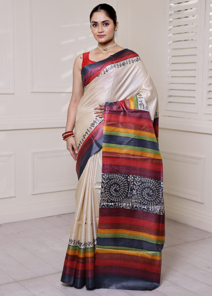 Cream Tussar Silk Saree With Blouse Piece