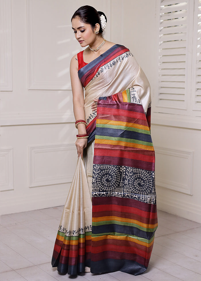 Cream Tussar Silk Saree With Blouse Piece