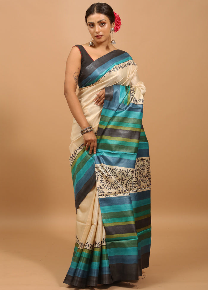 Cream Handloom Tussar Pure Silk Saree With Blouse Piece