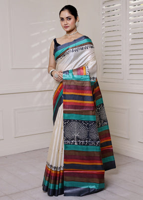 Cream Tussar Silk Saree With Blouse Piece