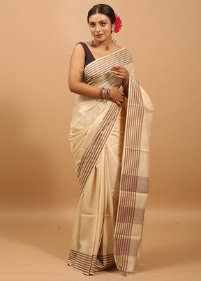 Cream Handloom Tussar Pure Silk Saree With Blouse Piece