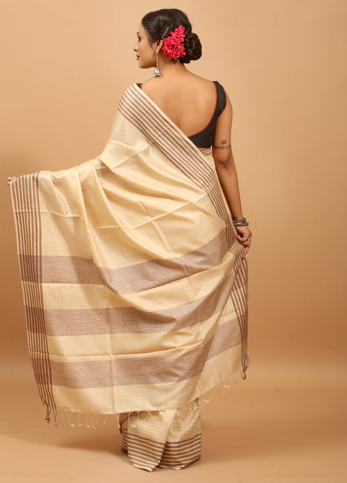 Cream Handloom Tussar Pure Silk Saree With Blouse Piece