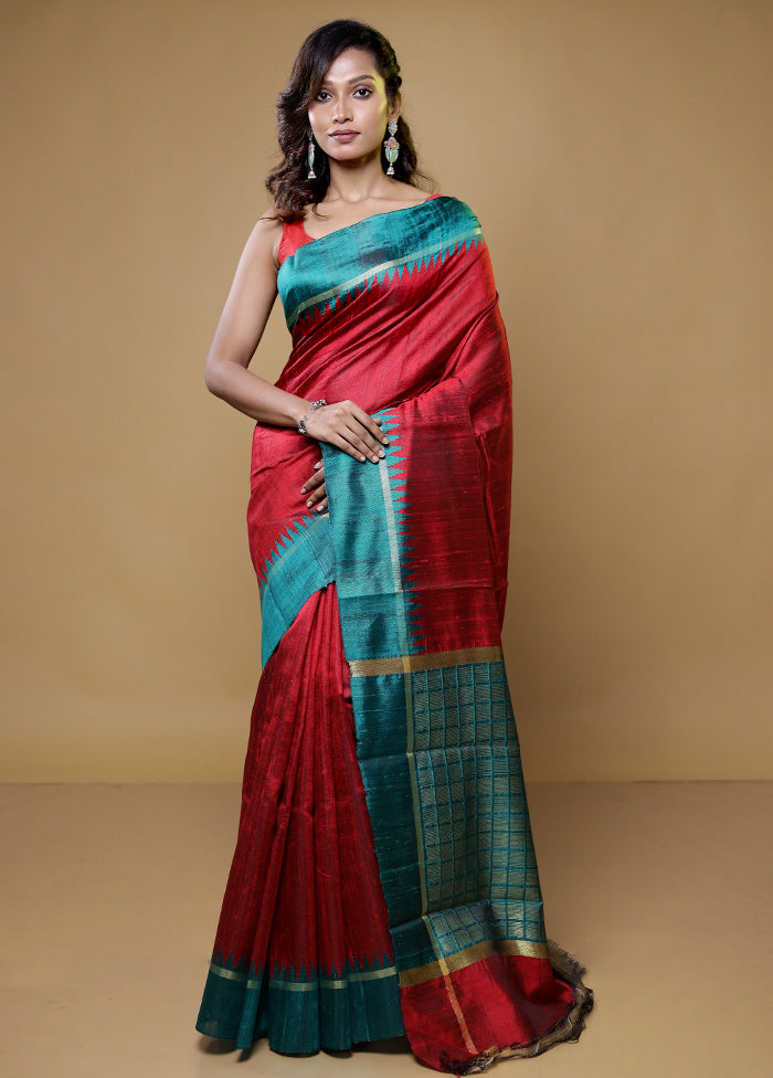 Red Tussar Silk Saree With Blouse Piece