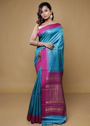 Green Handloom Tussar Pure Silk Saree With Blouse Piece