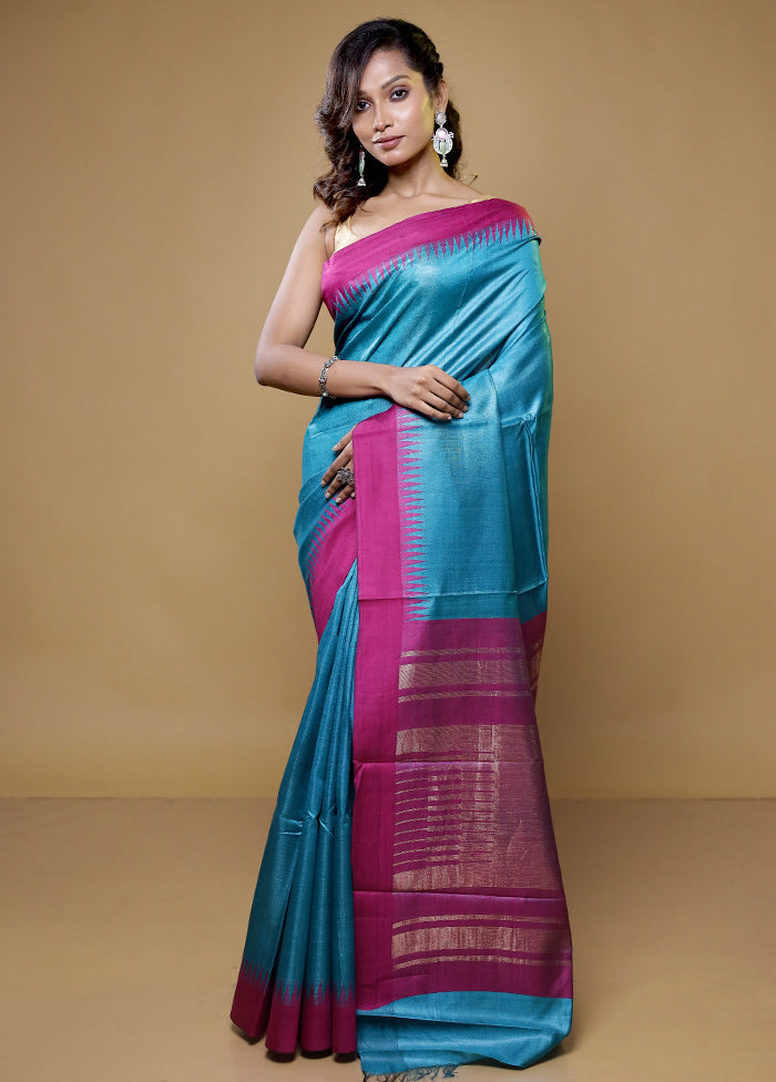 Green Handloom Tussar Pure Silk Saree With Blouse Piece