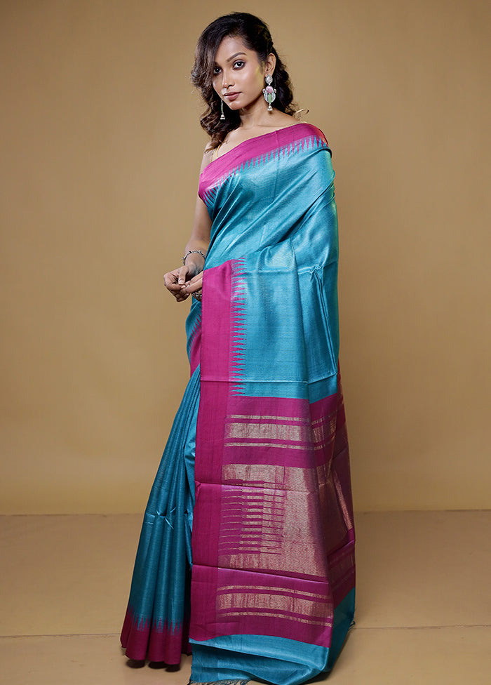 Green Handloom Tussar Pure Silk Saree With Blouse Piece