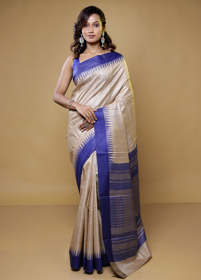 Cream Handloom Tussar Pure Silk Saree With Blouse Piece