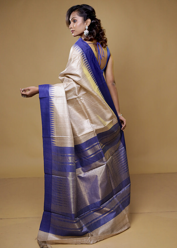 Cream Handloom Tussar Pure Silk Saree With Blouse Piece