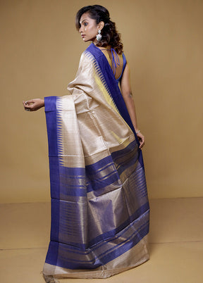 Cream Handloom Tussar Pure Silk Saree With Blouse Piece