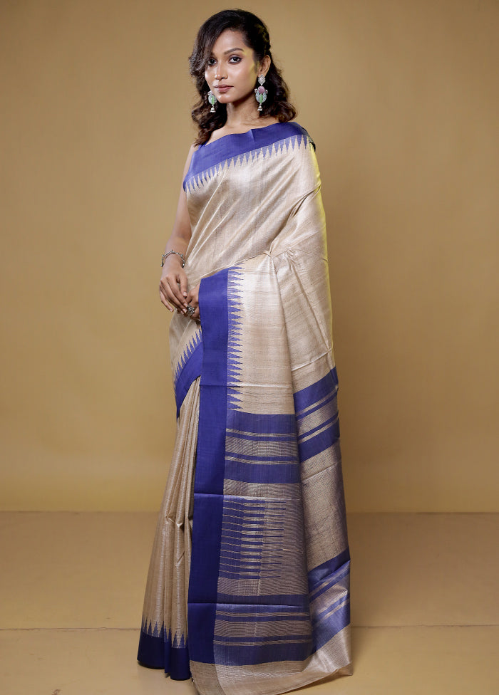 Cream Handloom Tussar Pure Silk Saree With Blouse Piece