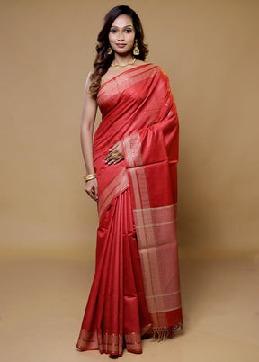 Red Tussar Silk Saree With Blouse Piece