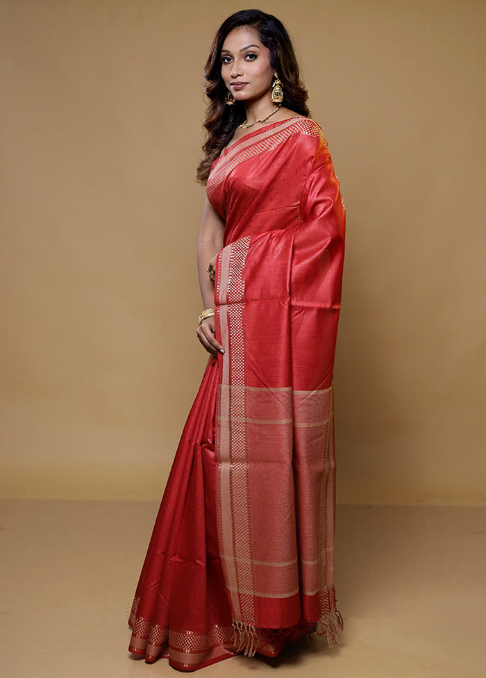 Red Tussar Silk Saree With Blouse Piece