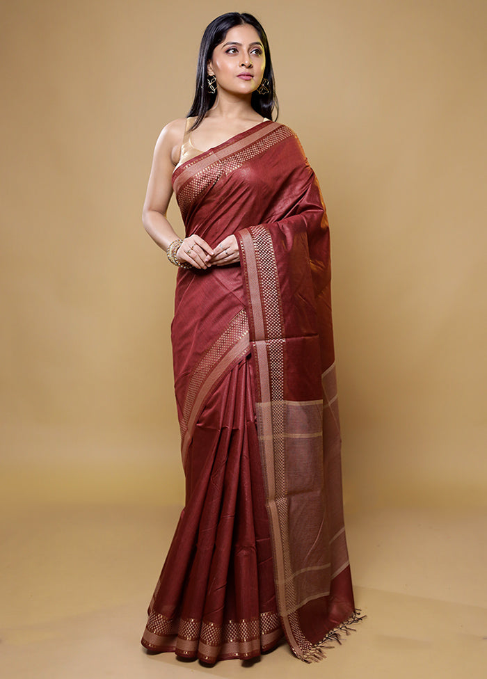 Maroon Tussar Silk Saree With Blouse Piece