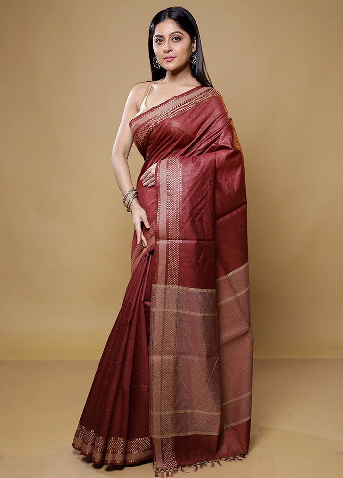 Maroon Tussar Silk Saree With Blouse Piece