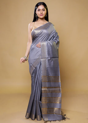 Grey Tussar Silk Saree With Blouse Piece