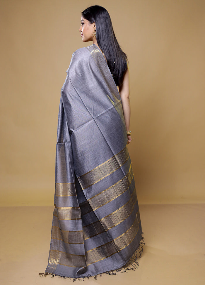 Grey Tussar Silk Saree With Blouse Piece