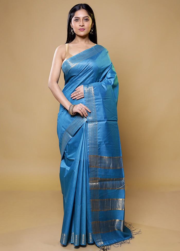 Blue Tussar Silk Saree With Blouse Piece