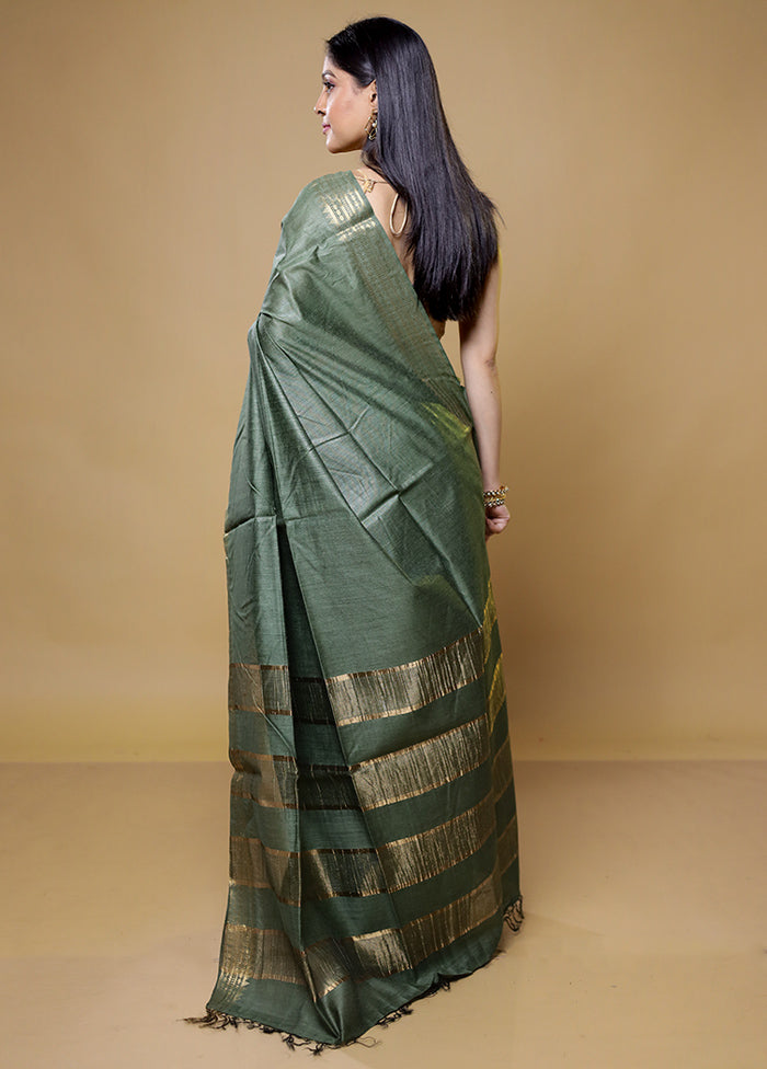 Green Tussar Silk Saree With Blouse Piece