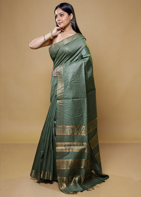 Green Tussar Silk Saree With Blouse Piece