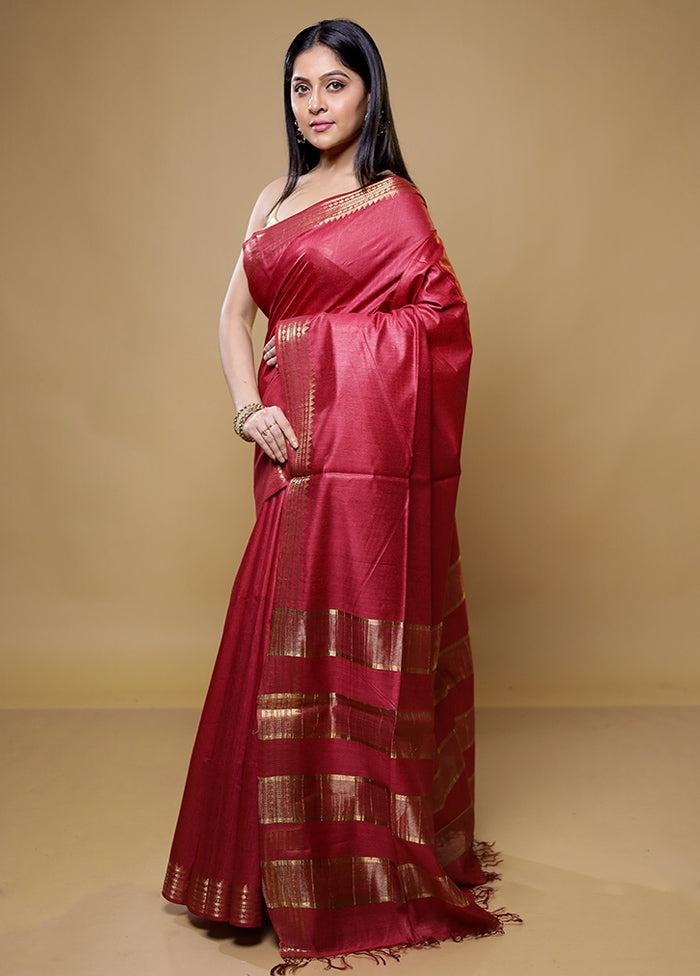 Red Tussar Silk Saree With Blouse Piece