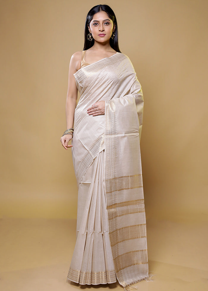 Cream Tussar Silk Saree With Blouse Piece