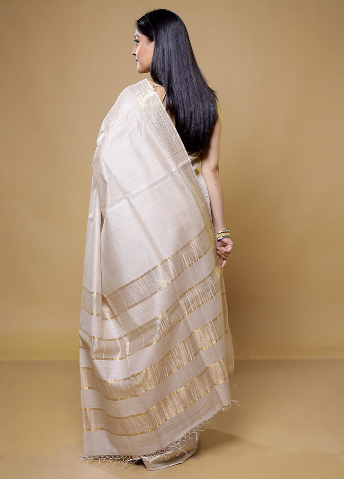 Cream Tussar Silk Saree With Blouse Piece