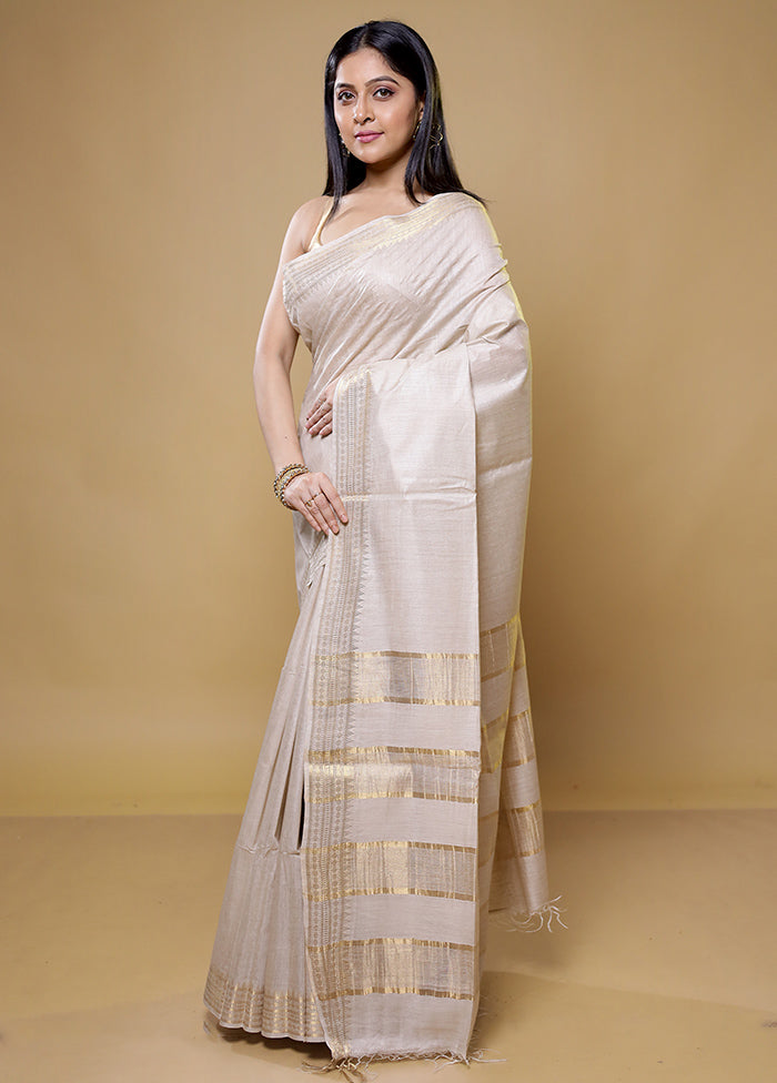 Cream Tussar Silk Saree With Blouse Piece