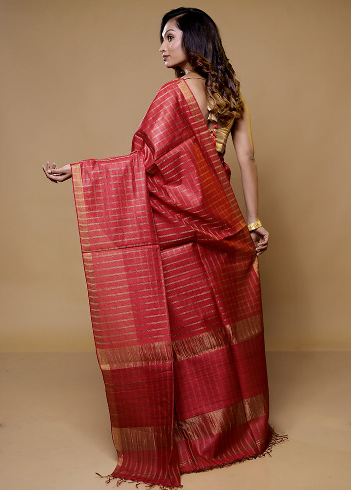 Red Tussar Silk Saree With Blouse Piece