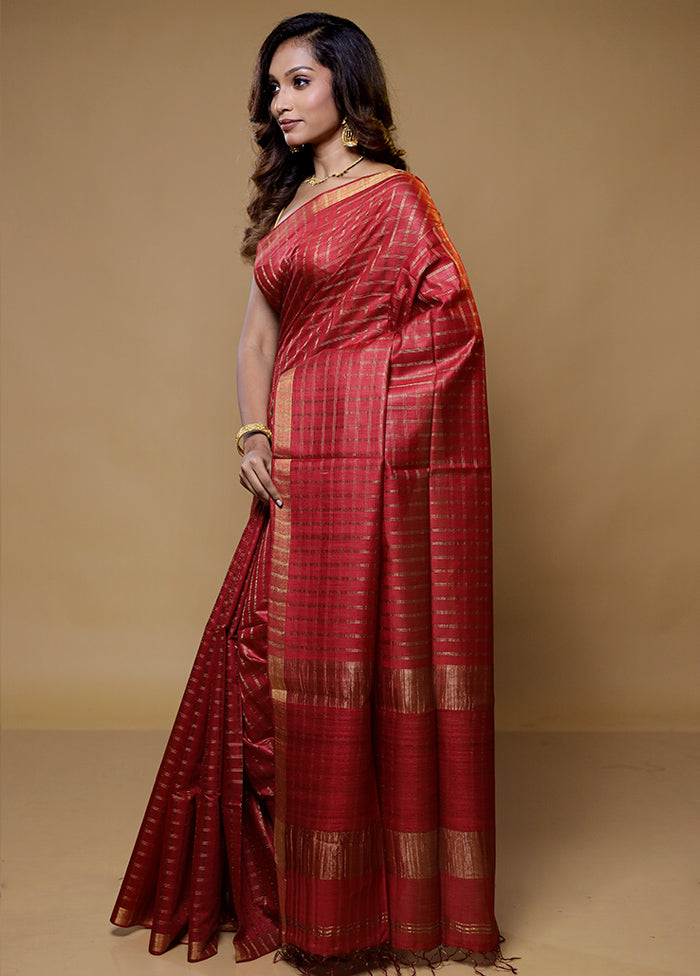 Red Tussar Silk Saree With Blouse Piece