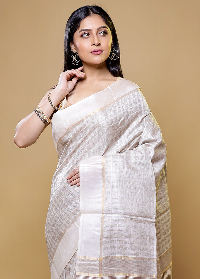 Cream Tussar Silk Saree With Blouse Piece