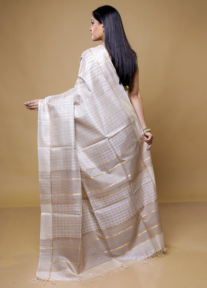 Cream Tussar Silk Saree With Blouse Piece