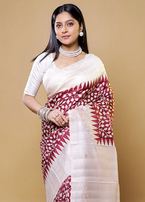 Cream Printed Pure Silk Saree Without Blouse Piece