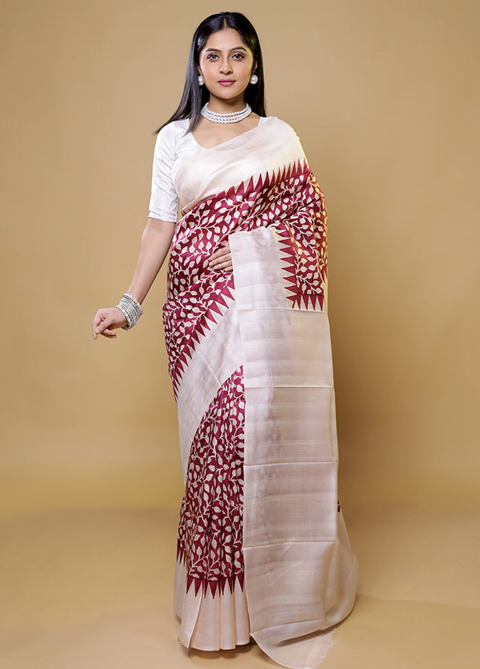 Cream Printed Pure Silk Saree Without Blouse Piece