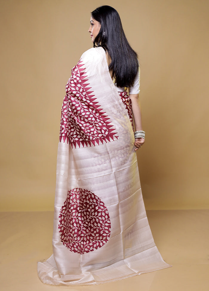 Cream Printed Pure Silk Saree Without Blouse Piece