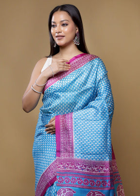 Blue Printed Pure Silk Saree Without Blouse Piece