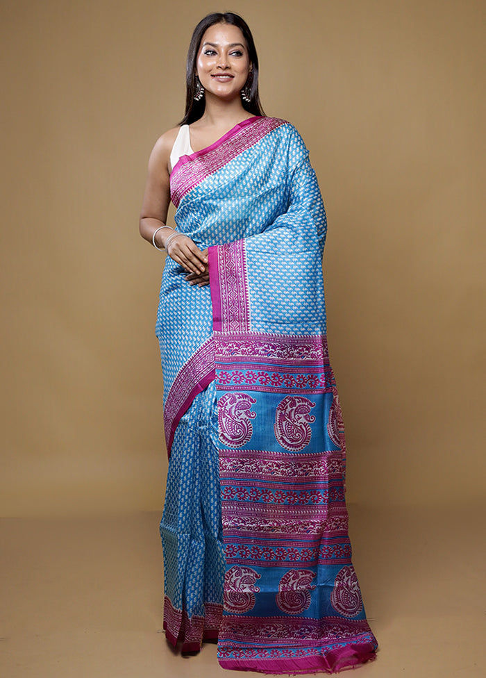 Blue Printed Pure Silk Saree Without Blouse Piece