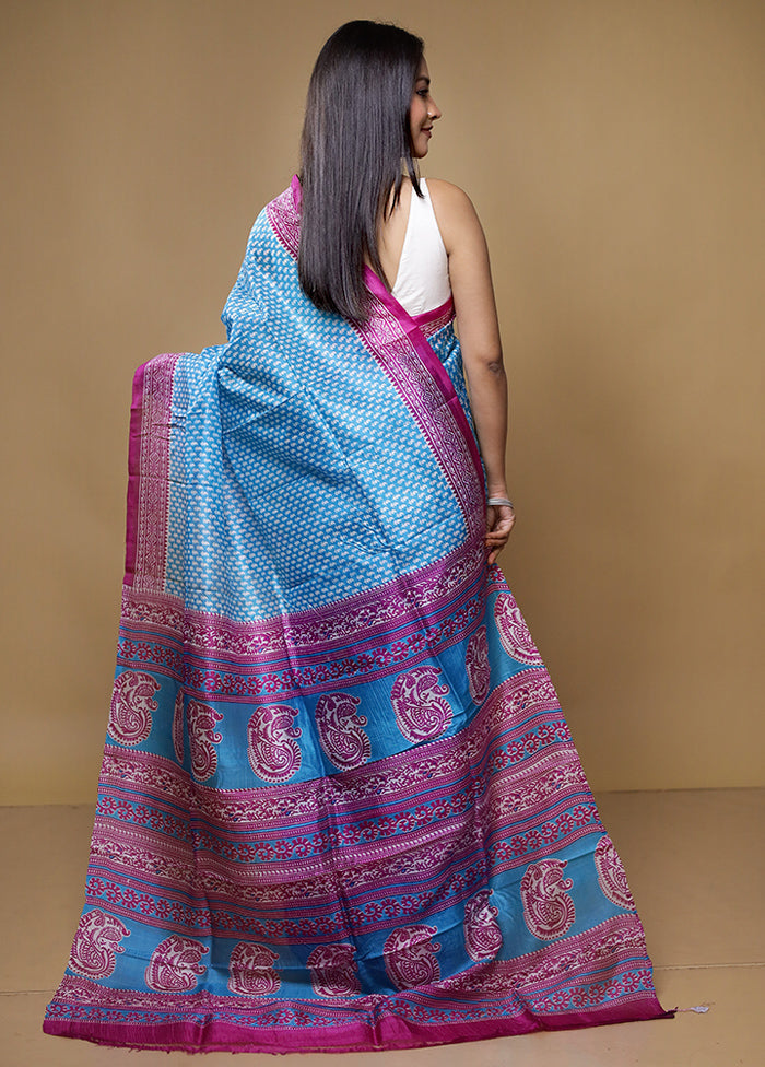 Blue Printed Pure Silk Saree Without Blouse Piece