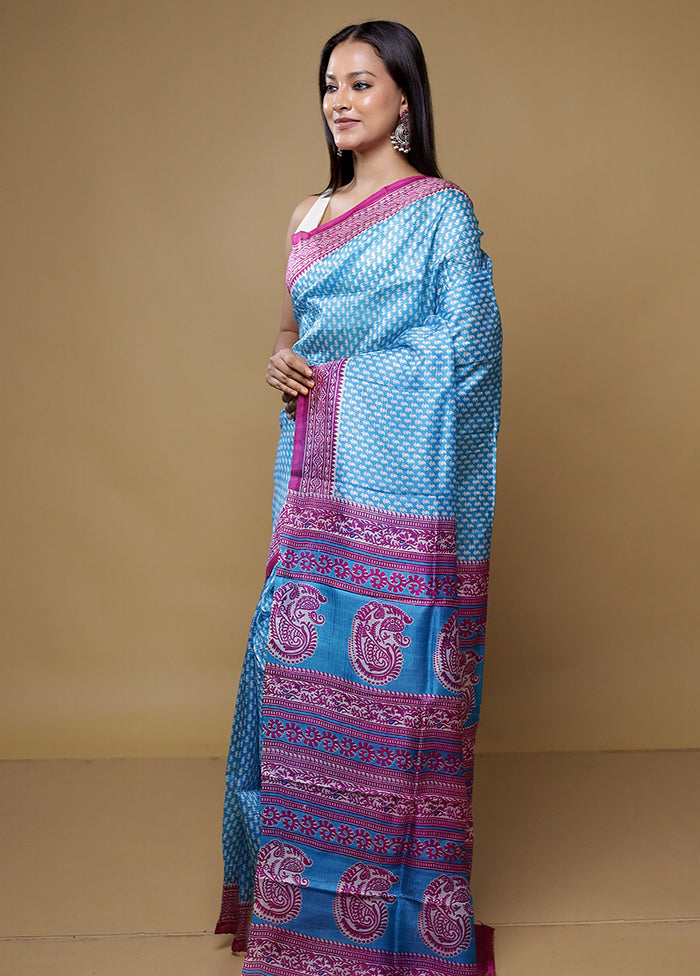 Blue Printed Pure Silk Saree Without Blouse Piece