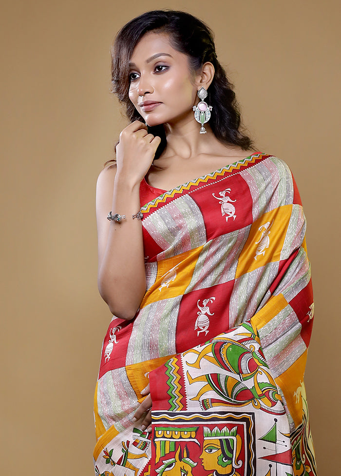 Cream Printed Pure Silk Saree Without Blouse Piece