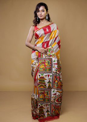 Cream Printed Pure Silk Saree Without Blouse Piece