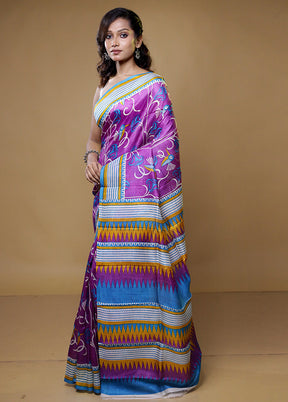 Purple Printed Pure Silk Saree Without Blouse Piece