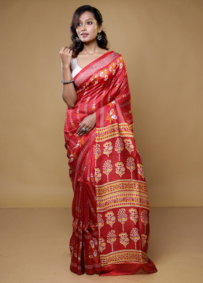 Red Printed Pure Silk Saree Without Blouse Piece